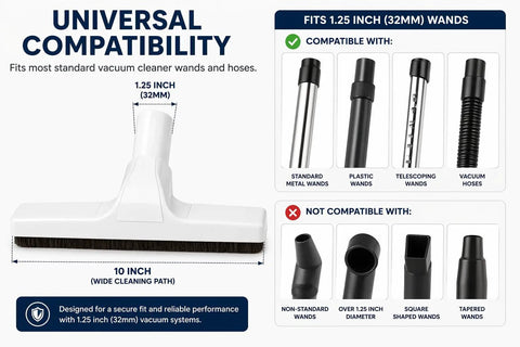Compatibility chart with 10 Inch Wide Floor Brush, 1.25 inch fit, natural horsehair bristles, and angled swivel head for vacuums.