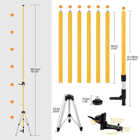 Beefy Telescoping Laser Level Pole With Tripod Stand 12 Ft Adjustable Height For Rotary And Line Lasers Universal Bracket With 1/4-Inch And 5/8-Inch Threaded Adapters Heavy-Duty Stability And Easy Setup