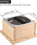 Top Shelf Stainless Steel Coffee Knock Box With Solid Wood Base Massive Grounds Bin dimensions showing stainless shell and wood base.