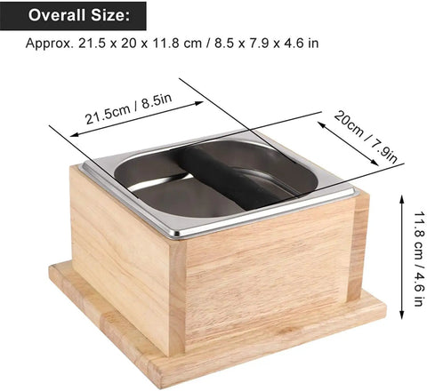 Top Shelf Stainless Steel Coffee Knock Box With Solid Wood Base Massive Grounds Bin dimensions showing stainless shell and wood base.