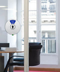 Rotating Privacy Door Sign For Office With Do Not Disturb Out Of Office Please Knock In A Meeting Working Remotely Back Soon Six Modes Easily Switched 6 Inch Silver, displaying 'Back Soon' mode on glass office door.