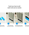 Instructions for using Compact Evaporative Air Cooler And Integrated Humidifier With Three Wind Modes for water and ice setup.