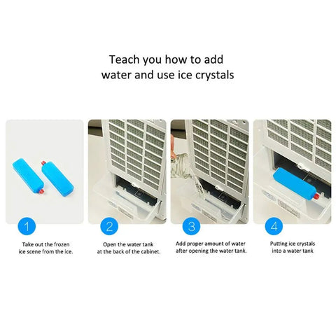 Instructions for using Compact Evaporative Air Cooler And Integrated Humidifier With Three Wind Modes for water and ice setup.