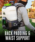 Person wearing cordless 4 gallon backpack sprayer with brushless motor delivers up to 350 psi, featuring ergonomic back pad and waist straps.