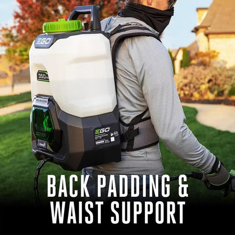Person wearing cordless 4 gallon backpack sprayer with brushless motor delivers up to 350 psi, featuring ergonomic back pad and waist straps.