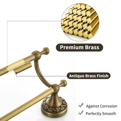 Antique Brass Adjustable Double Towel Bar Wall Mount Rack For Bathroom, Retractable Towel Holder With Premium Brass Finish