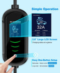 Level 2 EV Charger 32A Portable J1772 With Beefy 25 Ft Cable 110-240V For Home And Outdoor Use Includes NEMA 14-50P And 5-15 Adapters IP66 Waterproof Black Fast Charging Station with LCD screen and simple operation button.