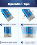 Blue 1-inch dry diamond core drill bit with triangle shank; 2-piece set, operation tips infographic.