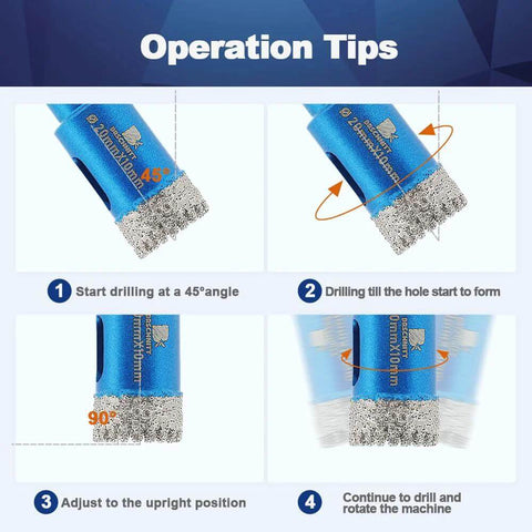 Blue 1-inch dry diamond core drill bit with triangle shank; 2-piece set, operation tips infographic.