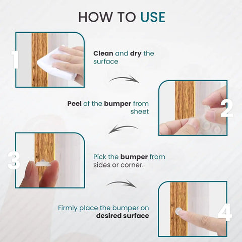 Instructions for applying 200 Pack Cabinet Bumpers With Soft Close No Slam Self Adhesive Rubber Pads For Quiet Doors Drawers.