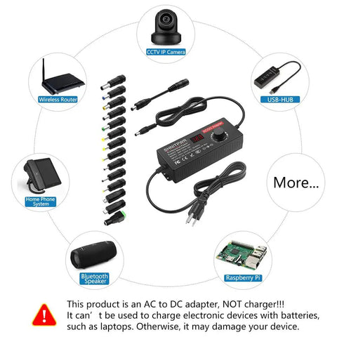 Adjustable 3V to 24V DC Power Supply Adapter with 36W output, showing 14 tips and polarity converter for various electronics