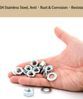390 Piece M4 Hex Socket Head Cap Screws Nuts And Washers Set With Storage Box In 304 Stainless Steel For DIY Repair Furniture And Machinery Projects Ideal For Home Improvement Automotive Repair Cabinet Making And General Hardware nuts and washers in hand