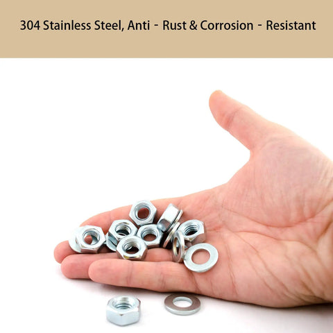 390 Piece M4 Hex Socket Head Cap Screws Nuts And Washers Set With Storage Box In 304 Stainless Steel For DIY Repair Furniture And Machinery Projects Ideal For Home Improvement Automotive Repair Cabinet Making And General Hardware nuts and washers in hand