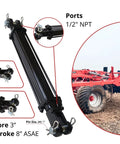 Double Acting Hydraulic Cylinder For Agriculture With Tie Rod Construction, 2500 PSI Rating, Three Inch Bore, Eight Inch Stroke, Half Inch NPT Ports