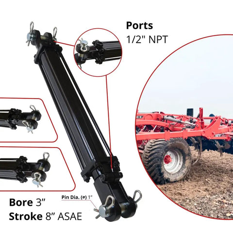 Double Acting Hydraulic Cylinder For Agriculture With Tie Rod Construction, 2500 PSI Rating, Three Inch Bore, Eight Inch Stroke, Half Inch NPT Ports