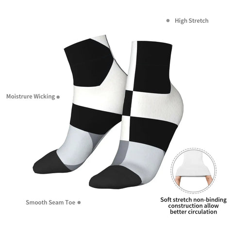 Black And White Checkerboard Straight Tube Socks Crafted From Buttery Soft Polyester For Elite Breathability And Quick Dry Comfort A Dead Set Classic For The Daily Grind Or Weekend Chill Sessions, featuring moisture wicking and smooth seam toe.
