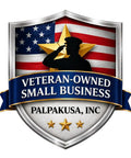Shield logo with an American flag background and a saluting soldier silhouette, text stating 'Veteran-Owned Small Business, Palpakusa, Inc.'