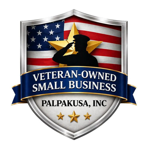 Shield logo with an American flag background and a saluting soldier silhouette, text stating 'Veteran-Owned Small Business, Palpakusa, Inc.'