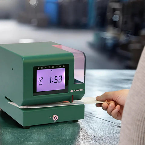 Heavy Duty Digital Time Recorder Featuring Solid Steel Construction And Bright Backlit Lcd Display Designed For The Daily Grind And Rugged Work Floors Where Dependable Employee Tracking Never Misses A Beat On Busy Shopsites showing user clocking in.