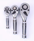 Mini Drive Ratchet Kit With Quick Release And Reversible 72 Tooth Design showing three polished stubby ratchets