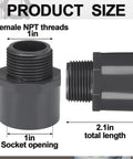 Diagram showing size details of 4 Pack 1 Inch PVC Pipe Fittings Male Adapters Schedule 80 Socket to NPT Connectors