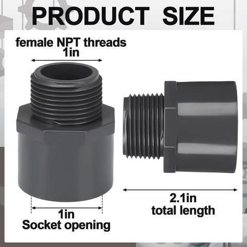 Diagram showing size details of 4 Pack 1 Inch PVC Pipe Fittings Male Adapters Schedule 80 Socket to NPT Connectors