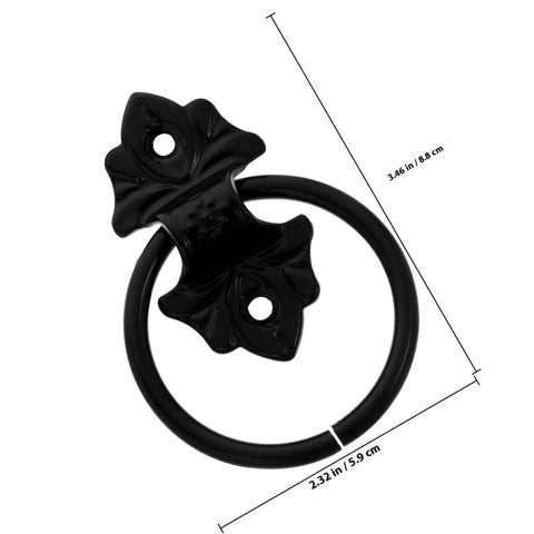 Two Pack Vintage Antique Cabinet Door Pull Rings Black Metal Drawer Handles For Wardrobes, Cupboards, And Barn Doors, shown in detail.