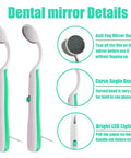 2 Pack LED Dental Mirror With Light For Easy Teeth Inspection, Anti Fog, Curve Angle Design, ABS Handle, green, shown with detail views