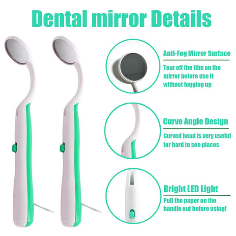 2 Pack LED Dental Mirror With Light For Easy Teeth Inspection, Anti Fog, Curve Angle Design, ABS Handle, green, shown with detail views