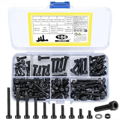 Heavy Duty Carbon Steel Hex Socket Head Cap Screws Kit 186 Piece Set With Nuts And Washers Black Finish For General Machinery And Home Repairs Q235 Level Four Point Eight Grade Tough As Nails Fasteners in storage box