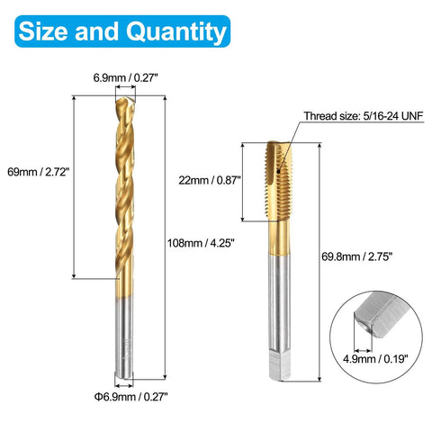 Tap And Drill Bit Set 5/16-24 UNF Right Hand Thread Tap And 6.9mm Titanium Coated HSS Drill Bit dimensions with size details