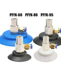 Industrial Grade Single Layer Vacuum Suction Cup For Pneumatic Manipulator Equipment in PFYK 60, 80, 95 sizes in black and blue.