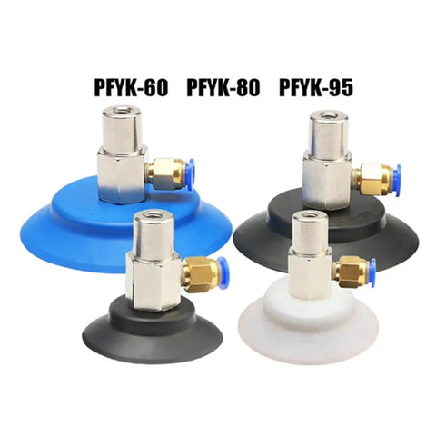 Industrial Grade Single Layer Vacuum Suction Cup For Pneumatic Manipulator Equipment in PFYK 60, 80, 95 sizes in black and blue.