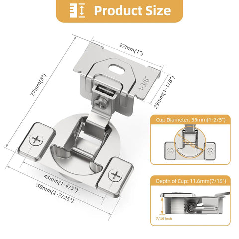 Diagram of Four Pack One And Three Eighths Inch Overlay Regular Cabinet Hinges with size measurements for kitchen face frame doors