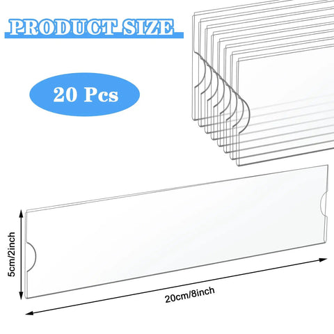 Clear 8 Inch Acrylic Name Plate Holder 2x8 Inch Wall Sign Display Pack of 20 with sticky tape, showing dimensions and pieces