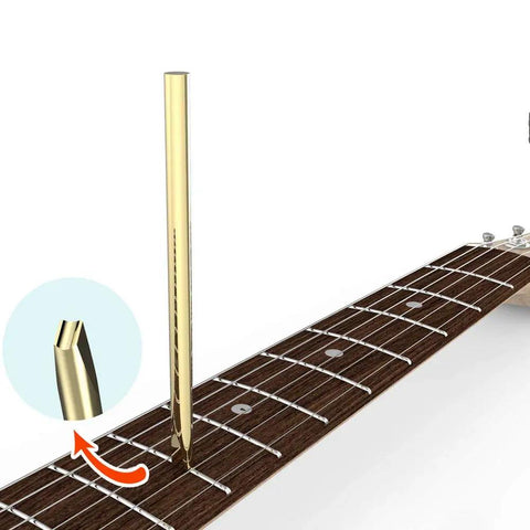 Guitar Fret Wire Setter for Luthier Professional Repair Tool next to a guitar fretboard, showing golden finish detail.