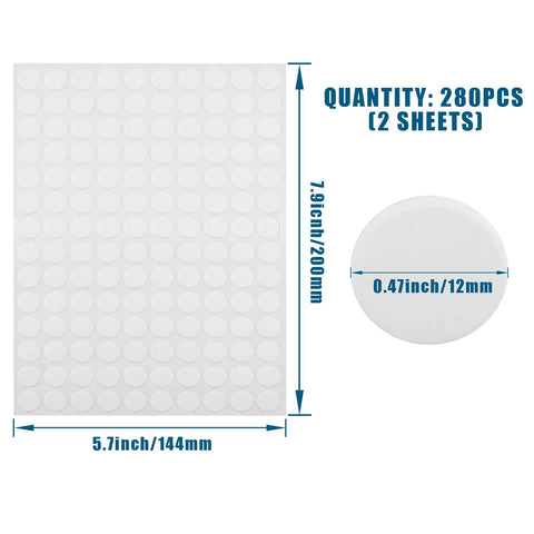 280 White Self-Adhesive Screw Hole Stickers Two Sheets 12mm Round PVC Caps with dimensions for furniture projects