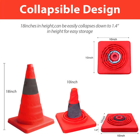 Collapsible 18 Inch Orange Traffic Cones Set Of 5 With Reflective Strips showing collapsed and expanded states, stable 10-inch base.