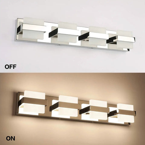 4 Light Chrome LED Vanity Light Fixtures Over Mirror, Modern Bathroom Lighting, 27 Inch, Warm White Glow, On and Off View