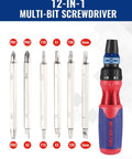 Ratcheting 12 In 1 Screwdriver Set With Quick Load Mechanism And Double End Bits Stored In The Handle For DIY Projects And Home Repairs
