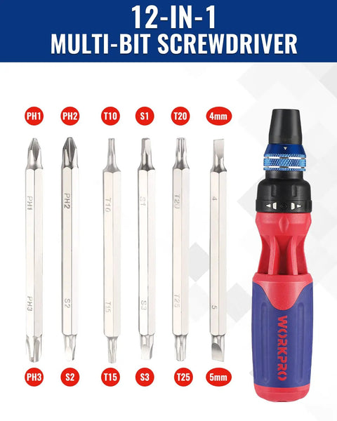 Ratcheting 12 In 1 Screwdriver Set With Quick Load Mechanism And Double End Bits Stored In The Handle For DIY Projects And Home Repairs