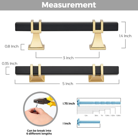 Black And Gold Cabinet Pulls 30 Pack With 3 Inch Hole Center Square Handles detailed measurement guide, zinc alloy base, stainless tube