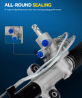 Close-up of rack and pinion steering assembly for Honda Pilot 2003-2008 with hydraulic power, focus on sealing components.