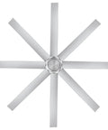 Modern Brushed Aluminum Smart Ceiling Fan For Large Spaces With Wireless Remote Control And Seamless Smartphone App Control Delivering Whisper Quiet Cool Airflow For Any Room Straight Up Upgrade, top view with eight aluminum blades.