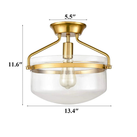 Mid Century Gold Ceiling Light With Clear Dome Glass Shade 13.4 Inch Wide Semi Flush Mount Fixture For Kitchen Hallway Bathroom And Bedroom Dope Retro Vibe Meets Modern Vintage Glow.
