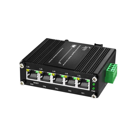5 Port Gigabit Ethernet Switch With Smart Web Management And QoS VLAN Support 12 48V Wide Voltage Input, industrial use, DIN rail mountable.