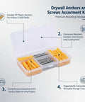 All Purpose Wall Anchors And Screws Kit With Yellow Plastic Plugs And Stainless Steel Screws For Hollow And Solid Walls Assorted Sizes In Heavy Duty Storage Box shown with labels and features