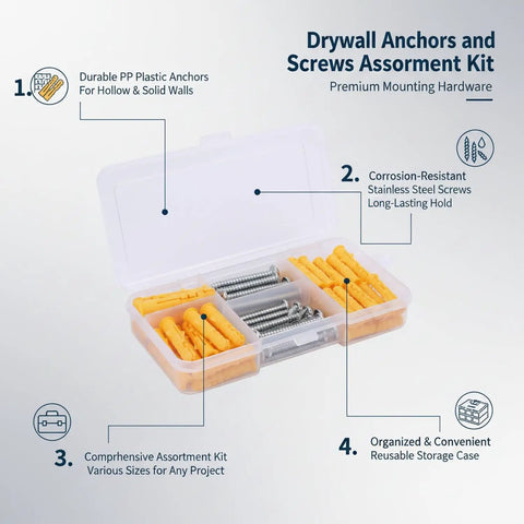 All Purpose Wall Anchors And Screws Kit With Yellow Plastic Plugs And Stainless Steel Screws For Hollow And Solid Walls Assorted Sizes In Heavy Duty Storage Box shown with labels and features