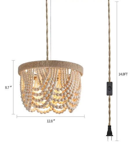 Boho Beaded Flush Mount Ceiling Light 3 Light Fixture In Rustic Antique White Wood Beads, Perfect For Nursery, Bedroom, Living Room