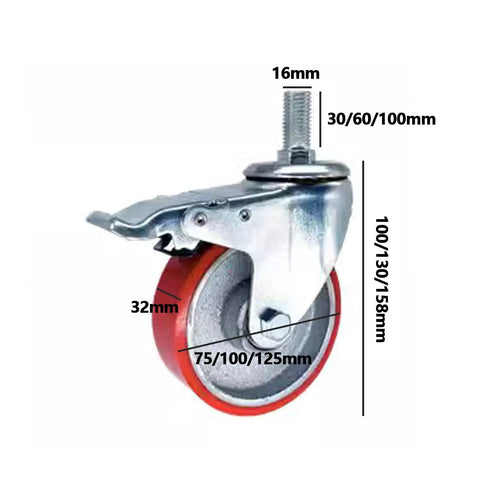 Rugged Pro Grade 5 Inch Heavy Duty Stem Casters M16 Threaded Dual Lockable Industrial Swivel Wheels close-up with dimensions.